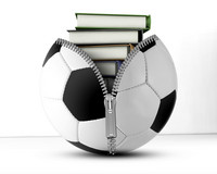 Grafik: ein Reißverschluss öffnet einen Fußball, Bücher kommen darin zum Vorschein