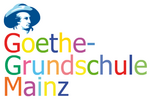 Logo Goethe-Grundschule-Mainz: Goethe-Kopf mit Hut, skizziert in weiß, dunkelblau und hellblau (ein Andy-Warhol-Motiv); darunter in in kunterbunten Buchstaben (dreizeilig) "Goethe-Grundschule Mainz".