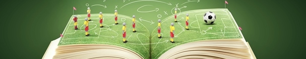 Grafik: ein aufgeschlagenes Buch bildet ein Fußballfeld mit einer Spielszene
