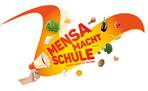Logo "Mensa macht Schule": Eine Hand hält ein Megaphon, aus ihm fliegen Gemüsestücke und der Schriftzug "Mensa macht Schule"